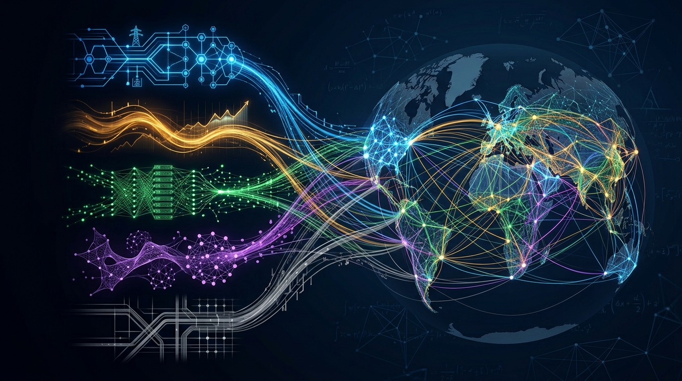 Fragmented analytical streams merging into an integrated global system map.