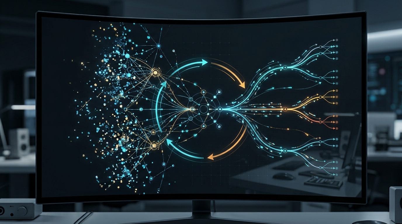 Analytical interface showing feedback loops and branching scenario paths.