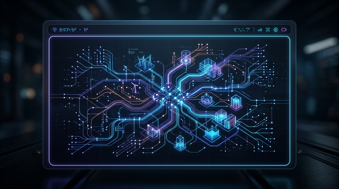Dark interface card showing an abstract system map with connected nodes and flows.