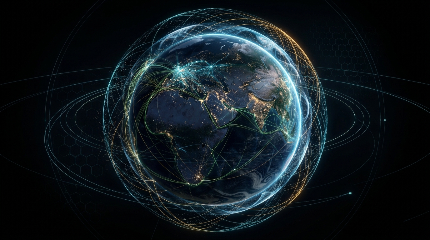 Dark cinematic visualization of Earth surrounded by data flows, networks and system layers.