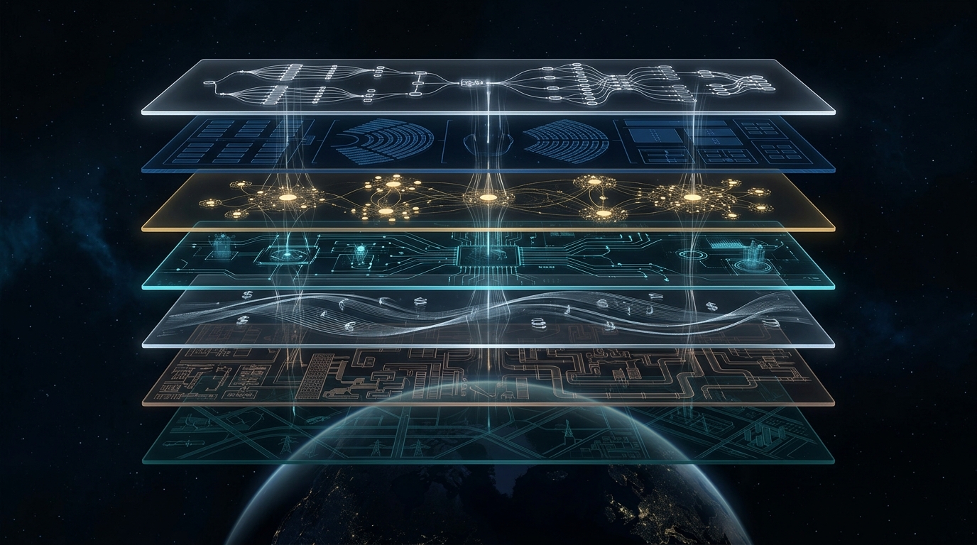 Rectangular transparent system layers above Earth as a multi-layer architecture.