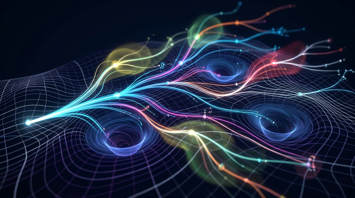 Scientific visualization of branching future trajectories in a possibility space.