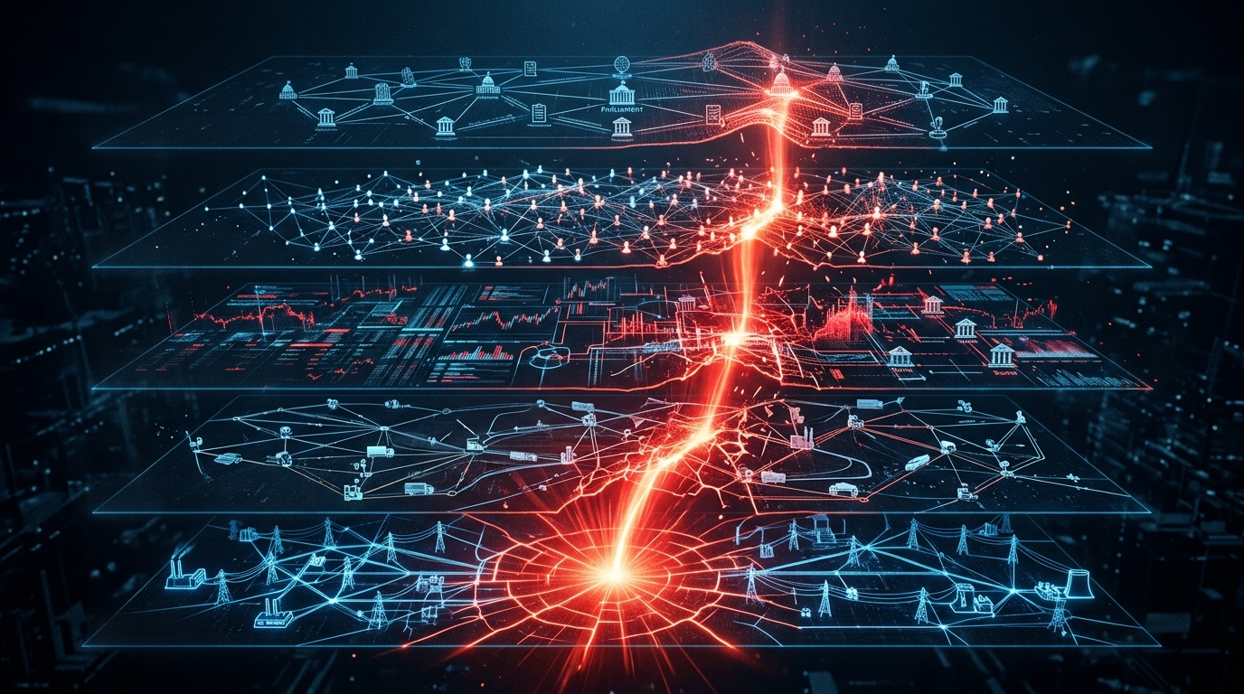 Shock wave propagating upward through interconnected system layers.